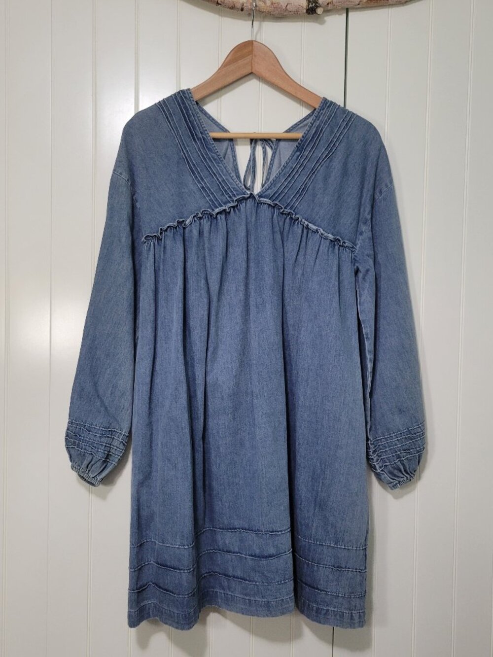 Boho Festival Coastal Cowgirl Rodeo Cottagecore Blue Denim Babydoll Midi Dress M